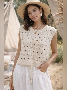 ZARA Cream Open Knit Sweater Vest Boho Crochet Pointelle Sleeveless Top S/M